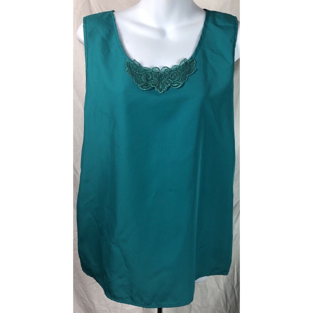 Vintage Cami Silky Tank Top M Green Lace ScoopNeck Career Office Fairy Coquette